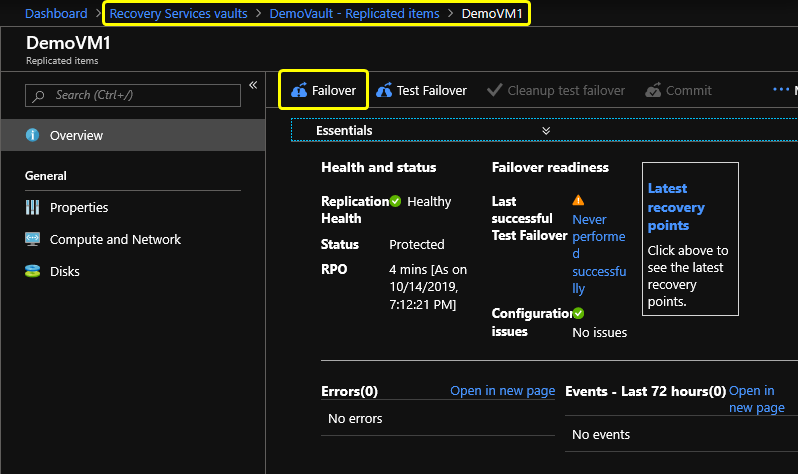 DemoVault Replication items overview page showing health, status and readiness