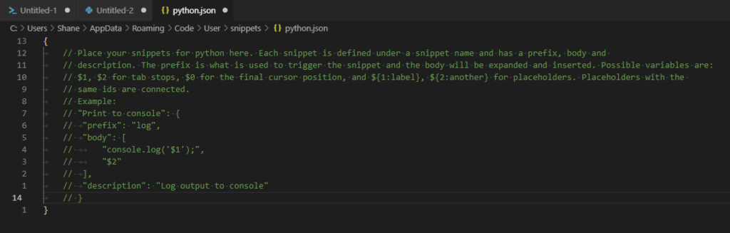 Default Python snippets JSON