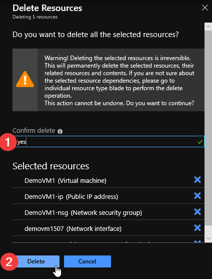 Confirm deletion of selected resources