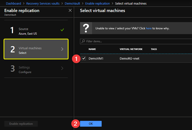 Selecting the virtual machine to replicate