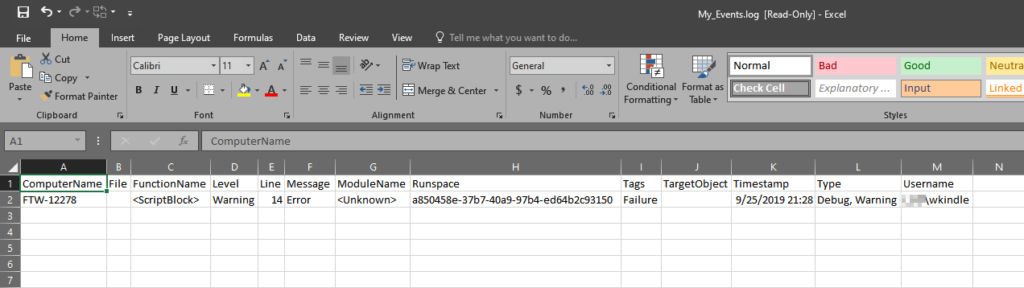 PowerShell logs in Excel