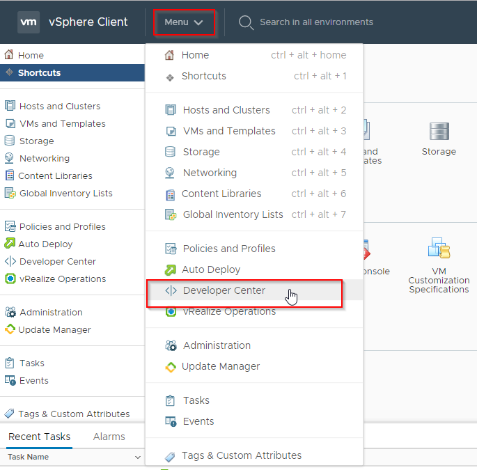 Navigating to the Developer Center menu item in vSphere