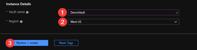 Specify the name and region for the new Recovery Services vault