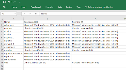 CSV file of VM information