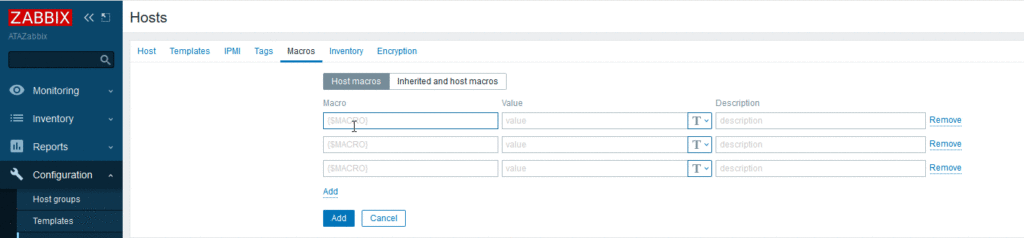 Entering user macros into Hosts Macros configuration screen