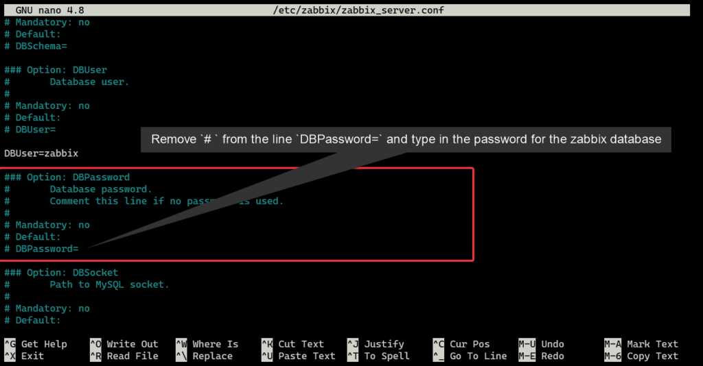 Editing the DBPassword parameter in /etc/zabbix/zabbix_server.conf using nano on Ubuntu Server
