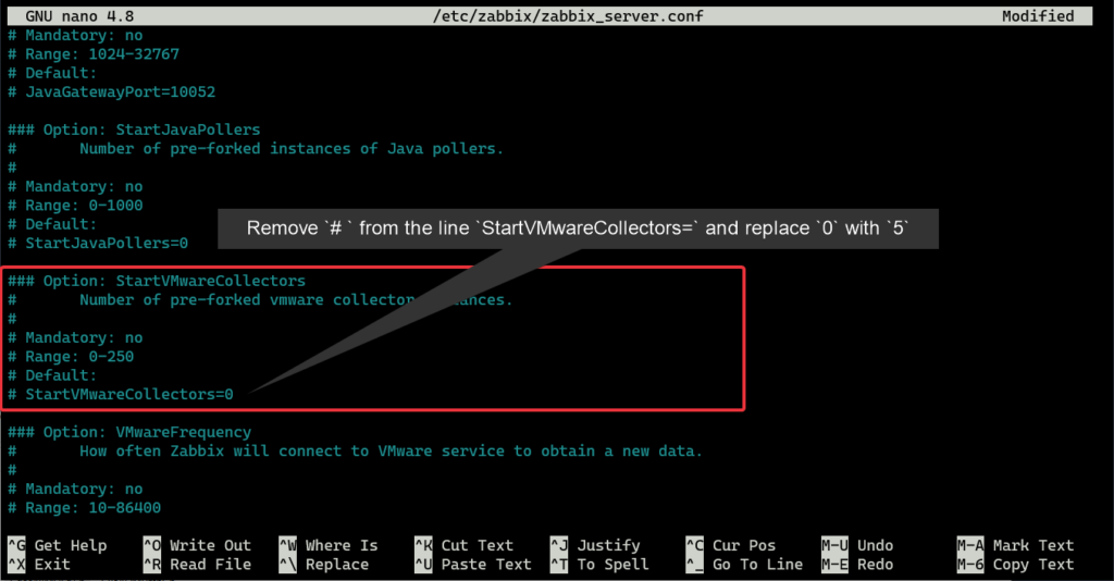 Editing the StartVMwareCollectors parameter in /etc/zabbix/zabbix_server.conf using nano on Ubuntu Server