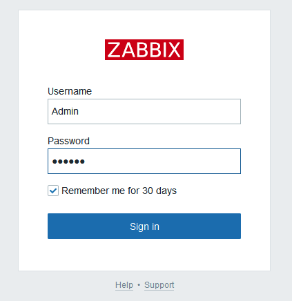 Zabbix server web front end log in page