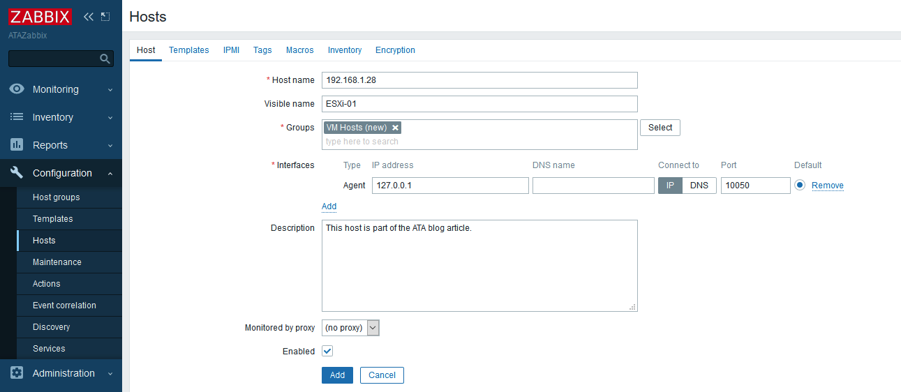 Zabbix Hosts configuration screen filled out