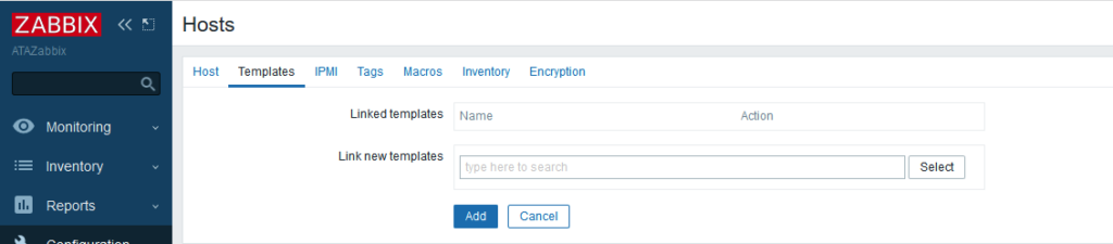 Zabbix Hosts Templates configuration screen