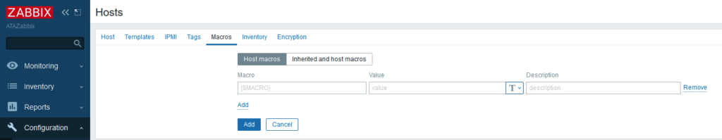 Zabbix Hosts Macros configuration screen