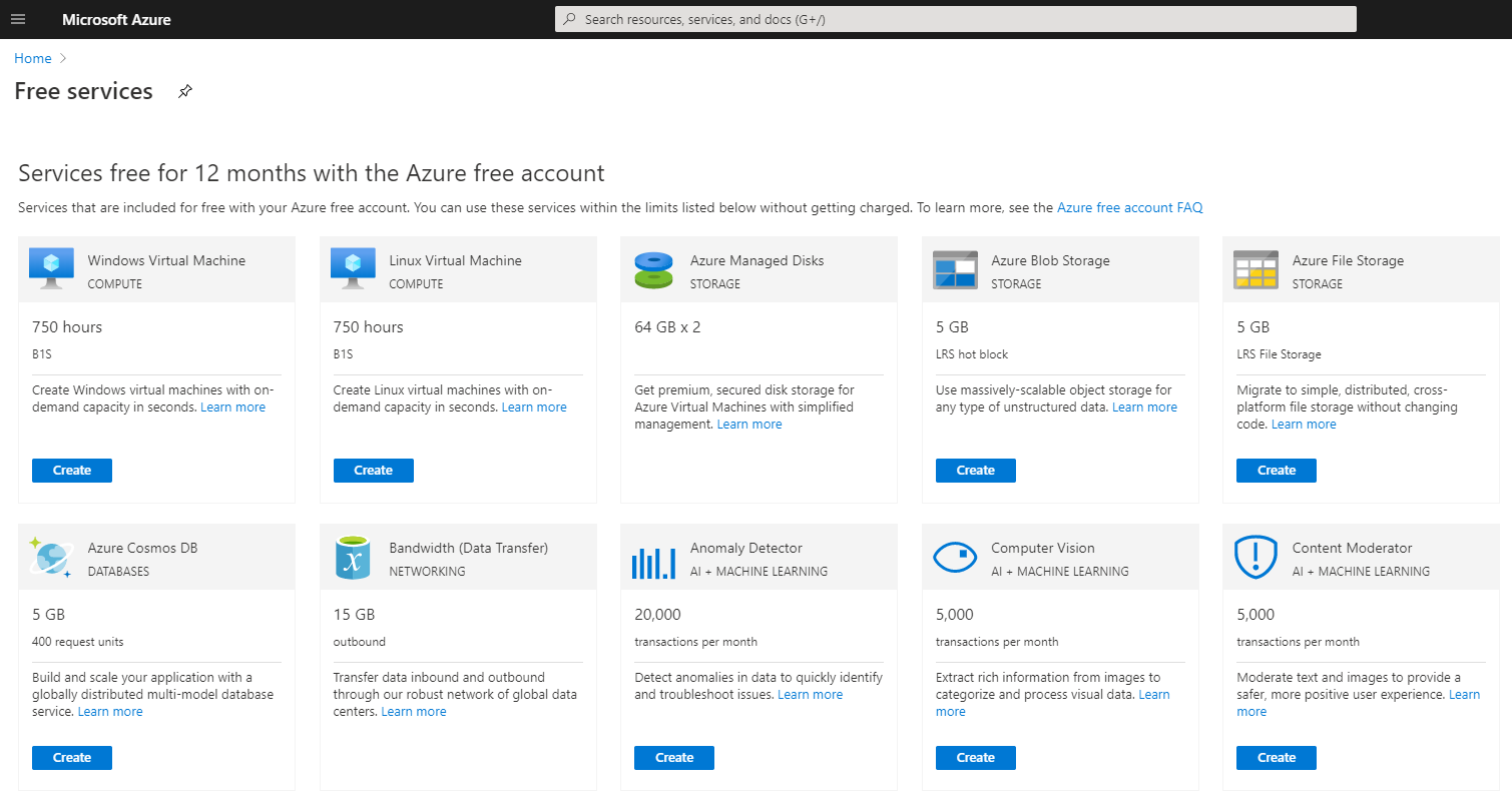 Microsoft Azure Portal showing the Free Services Available