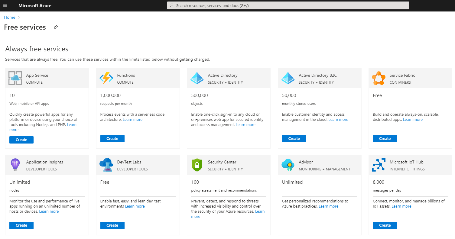 Microsoft Azure Portal showing the Always Free Services Available