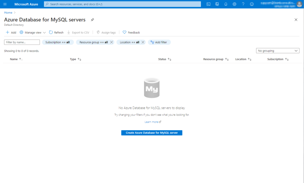 Azure Portal section to deploy a managed MySQL instance