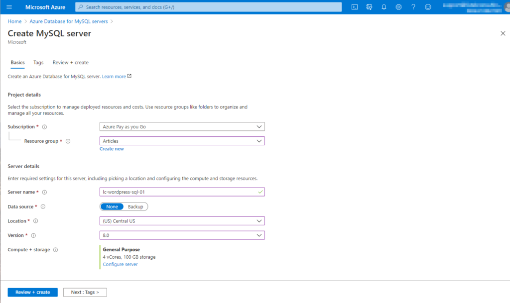 Entering necessary provisioning details for the MySQL instance