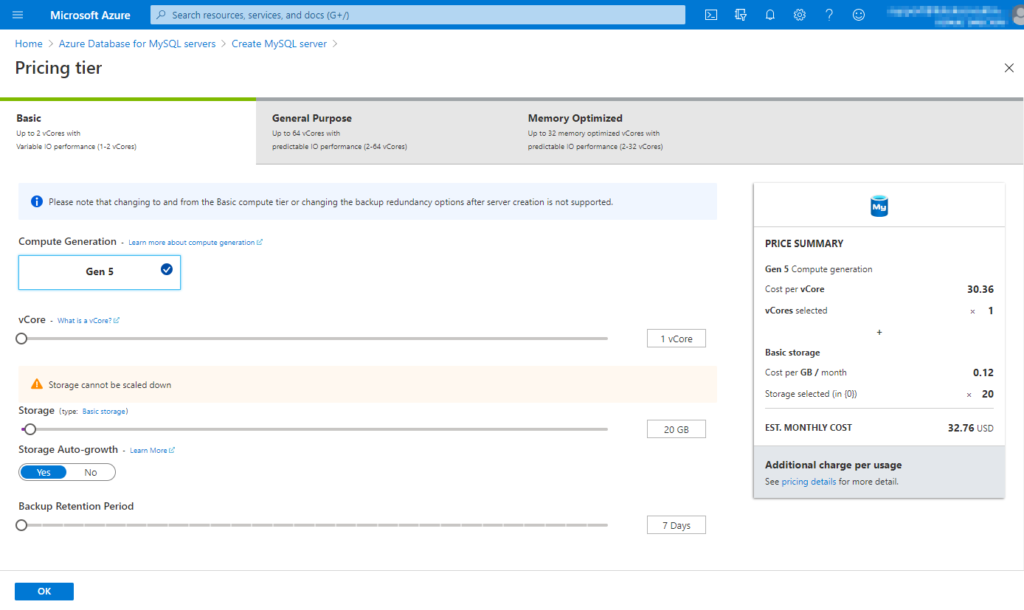 Choosing the pricing tier for the MySQL instance