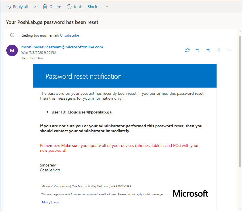 password reset office 365