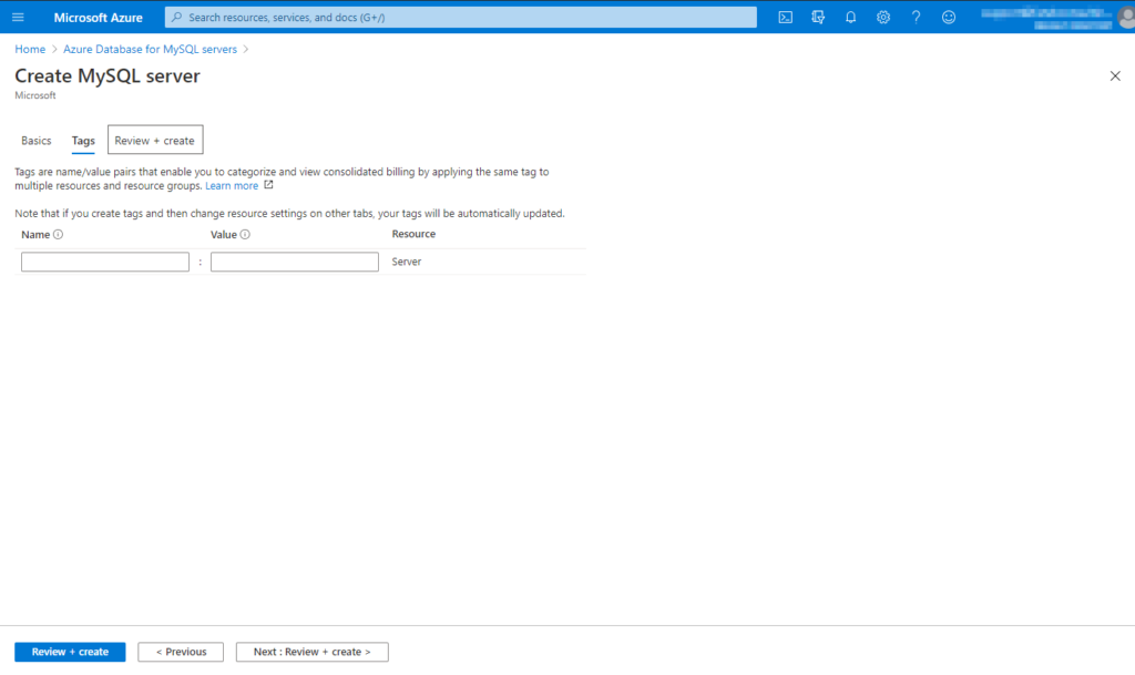 The tagging section of the MySQL instance