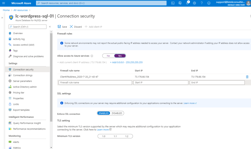 Allowing Azure Services through the MySQL firewall