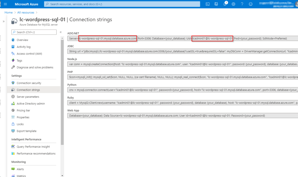 Pulling the correct values from the Connection Strings screen of the MySQL instance