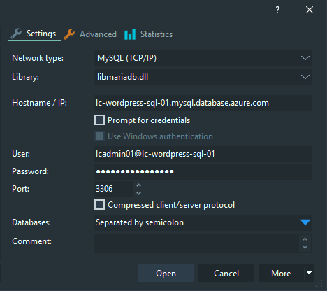 Entering the connection details into the HeidiSQL application