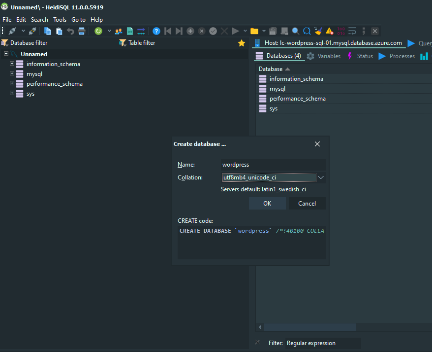 Entering the necessary WordPress database creation details in HeidiSQL