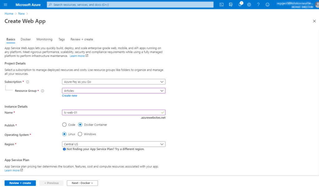 Creating the Azure Web App