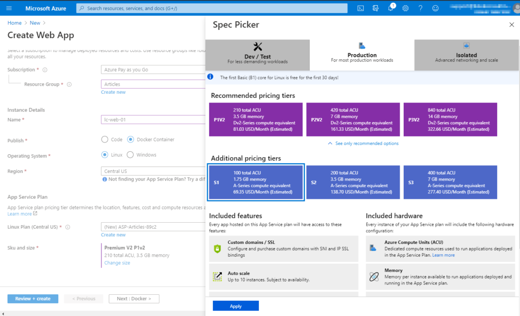 Choosing the pricing tier for the Azure Web App