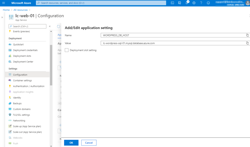 Entering the WORDPRESS_DB_HOST in the application settings