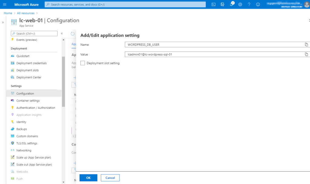 Entering the WORDPRESS_DB_USER in the application settings