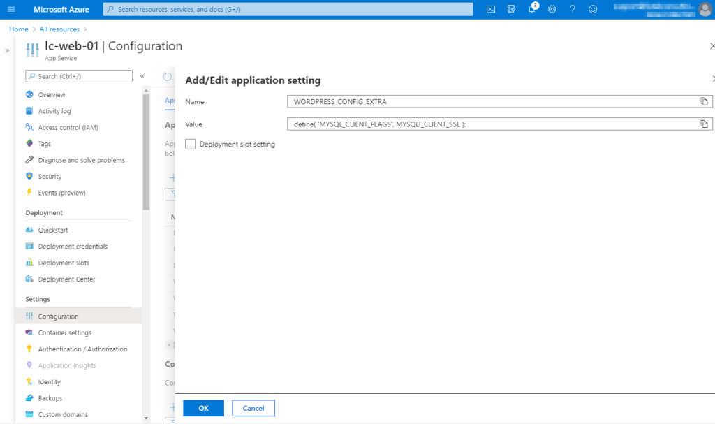 Entering the WORDPRESS_CONFIG_EXTRA in the application settings