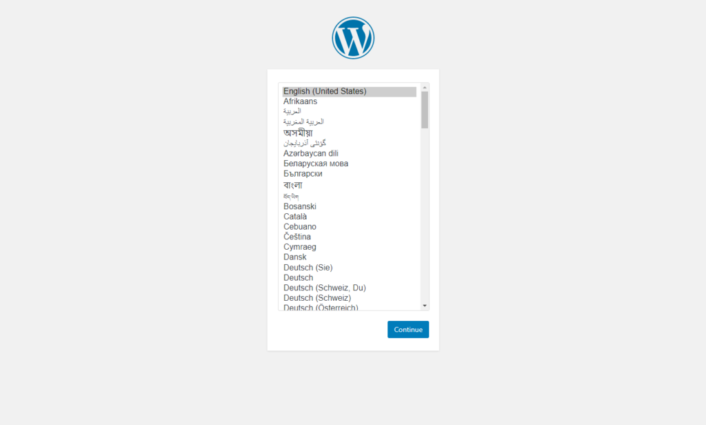 The choose language section of the WordPress installer