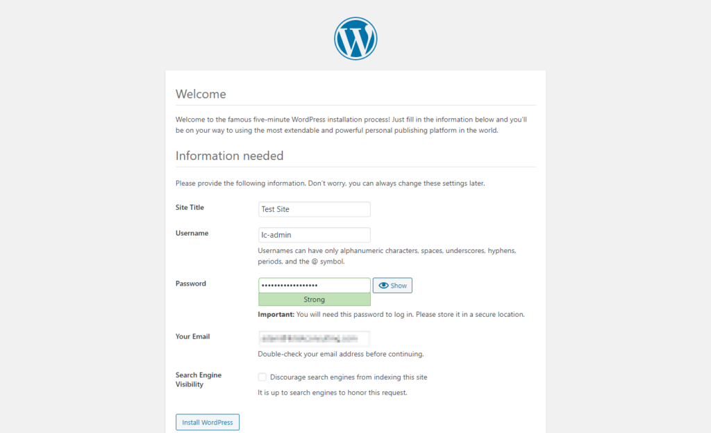 The standard WordPress installation details screen