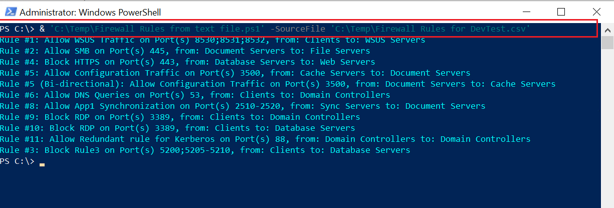 The script in action. You will see information (such as ports, destination and source servers) for each rule that was created.