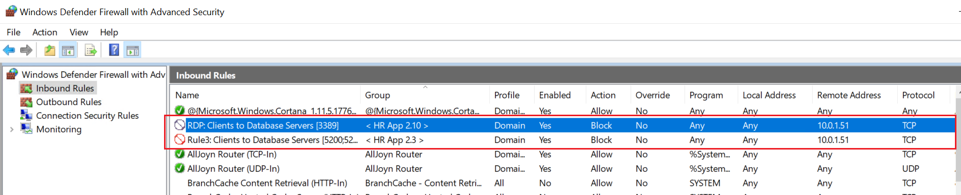 The rules, as they were created in Windows Defender Firewall. This is where the description comes in handy.