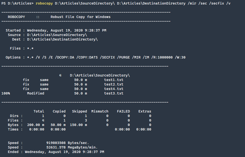 Mirror files from a source directory to a destination directory copying security settings as well