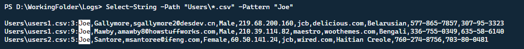 Demonstrando uma simples correspondência de padrão Select-String.