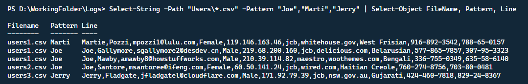 Filtrar os resultados de uma combinação múltipla Select-String.