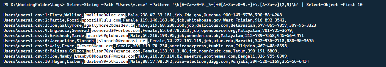 Demonstrando usando RegEx para corresponder dados.