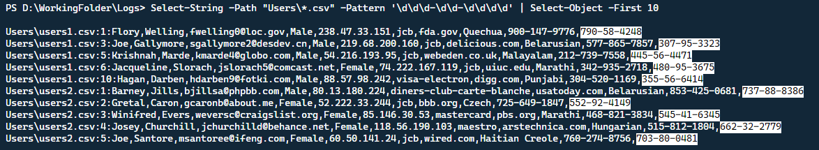 Dimostrando una semplice ricerca SSN RegEx.