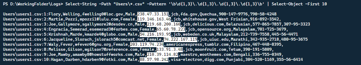 Demonstrando uma simples pesquisa RegEx de endereços IP.