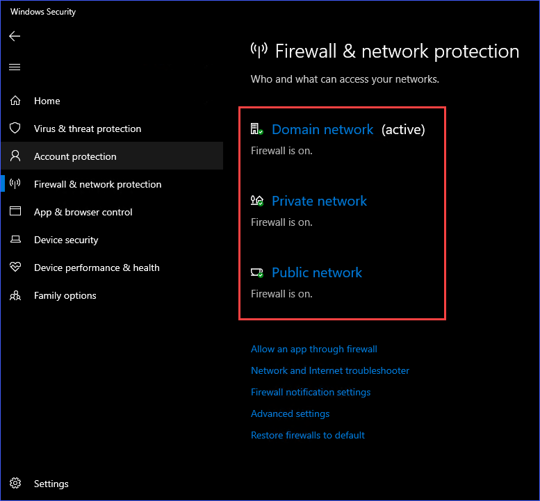List of Network Profiles in the Windows Security app