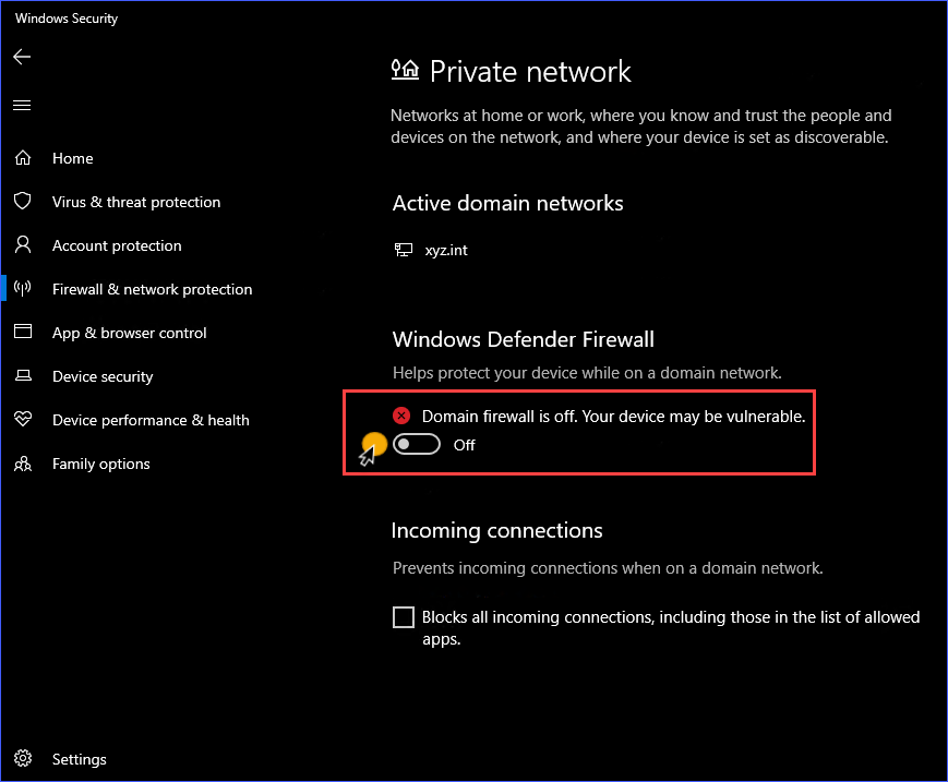 Desativar o Firewall do Windows para o perfil de rede