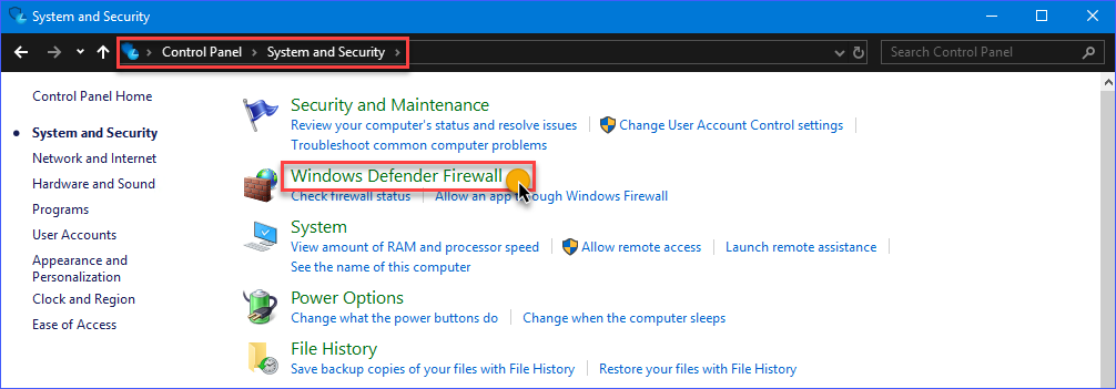Open Windows Defender Firewall from Control Panel