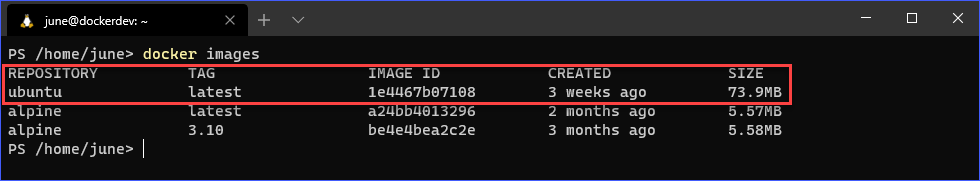 List of images on the Docker host