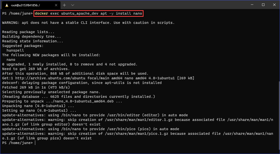 Installing nano to a container using docker exec