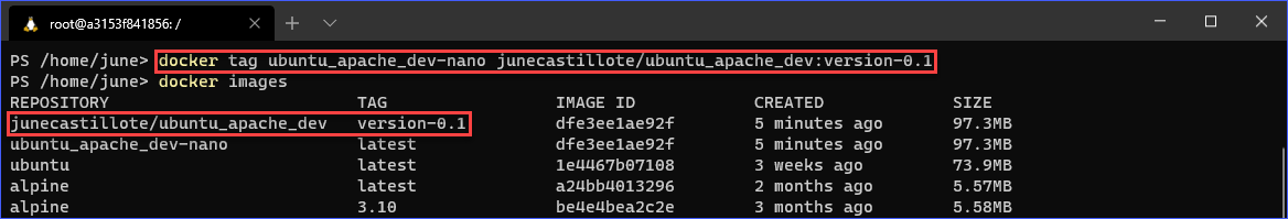 As you can see above, the new image junecastillote/ubuntu_apache_dev:version-0.1 has been created. This tagged image is now ready for publishing.