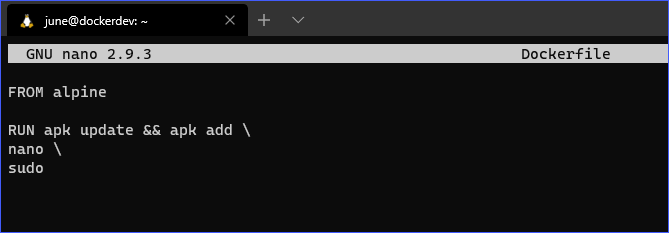 Dockerfile being edited using nano