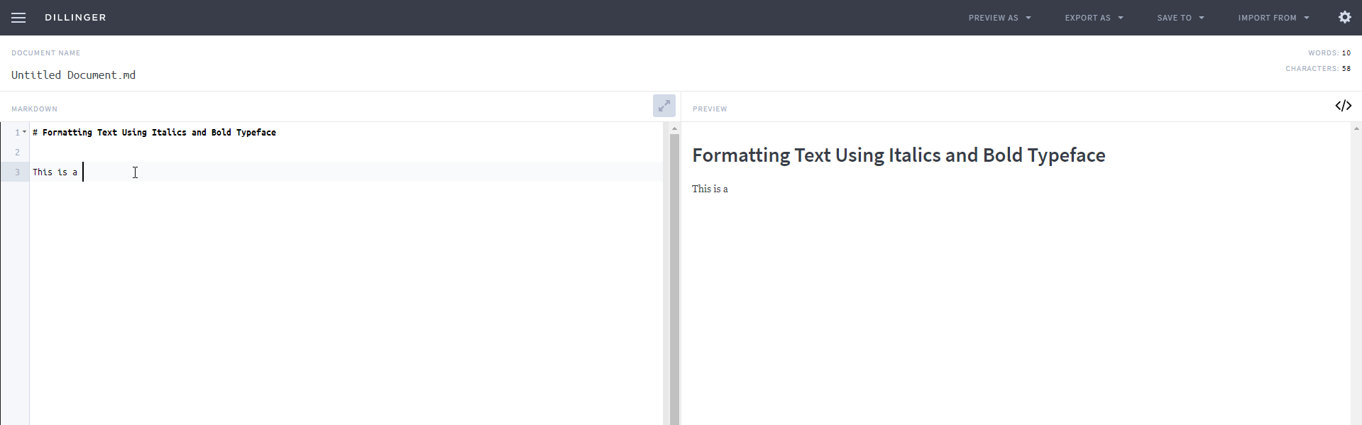 Formatting text using italics and bold typeface using Dillinger.io