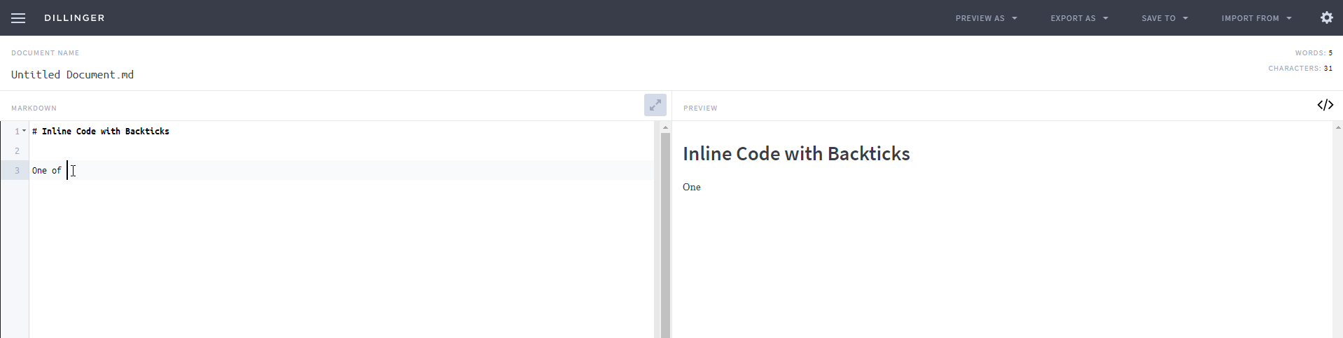 Formatting inline code using Dillinger.io